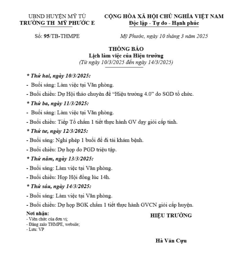 Lịch làm việc của Hiệu trưởng từ ngày 10/03 đến 14/03/2025